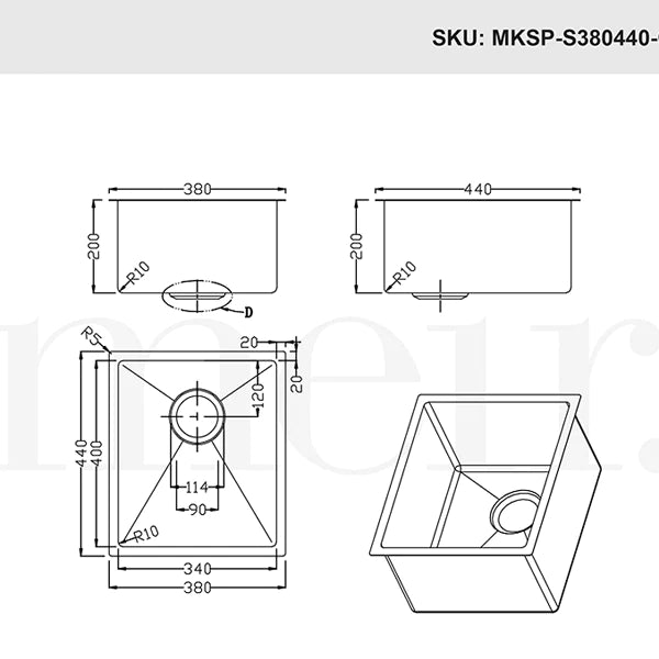Meir Single Bowl PVD Kitchen Sink 440mm - Brushed Nickel